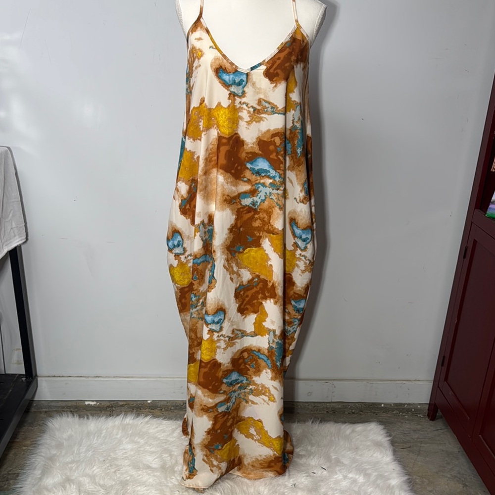 BUCKETLIST Maxi Sundress Spaghetti Strap Watercolor Design Slip Dress Medium